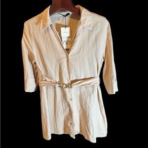 Zara Cream brand new linen cotton Fitted Button Down dress size M